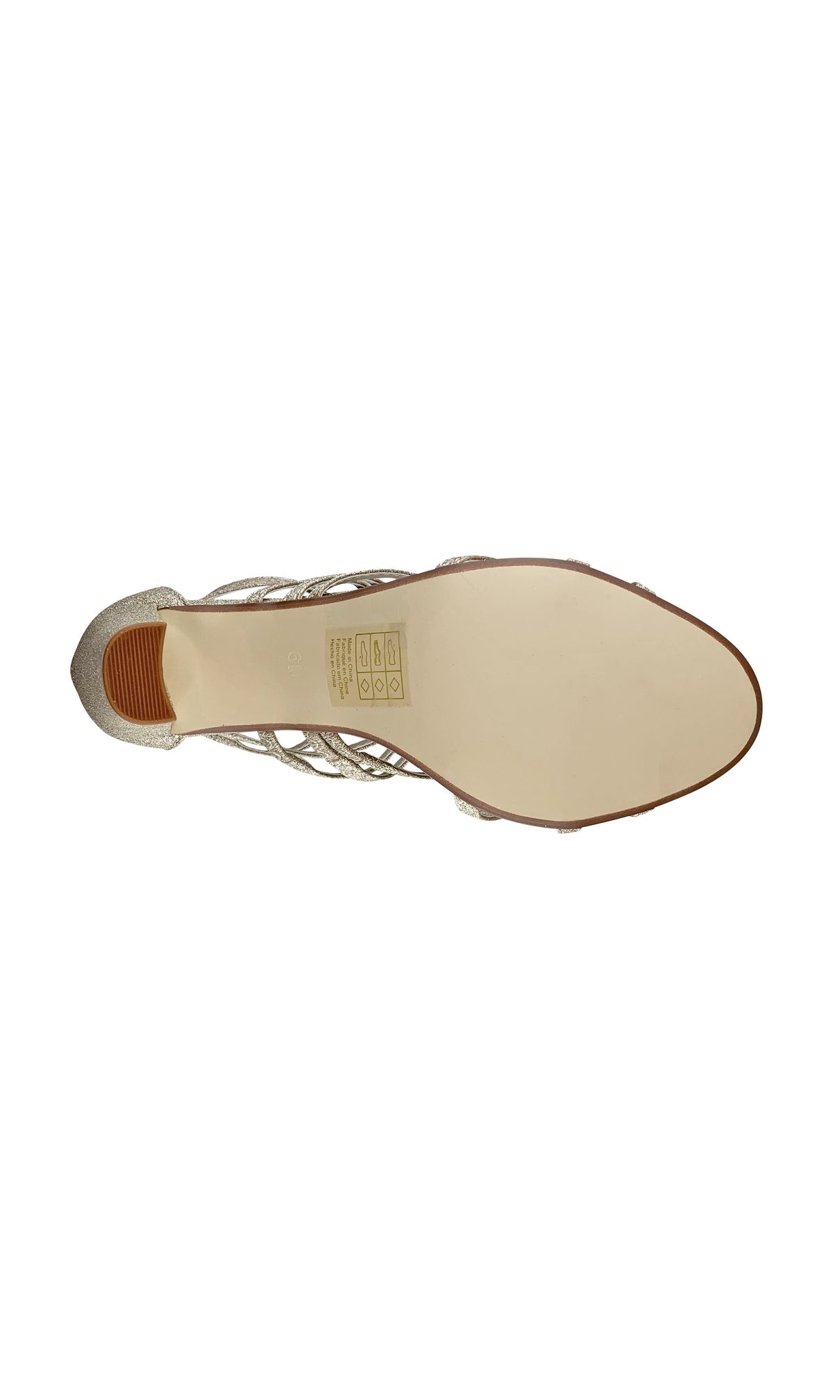 The image shows the bottom view of the Champagne Rhyan High-Heeled Sandal 4424, a women's caged sandal with a pointed toe, smooth light sole, printed care symbols near the arch, and a chic 3 1/4in high block heel.